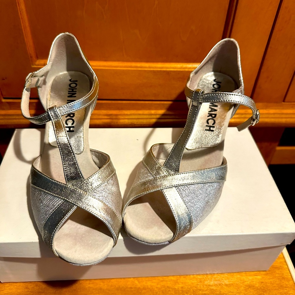 Silver Ballroom Dance Shoes (suede soles) size 6.5 W